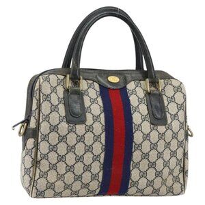 GUCCI GG Supreme Sherry Line Hand Bag PVC Navy Gold Auth 151610